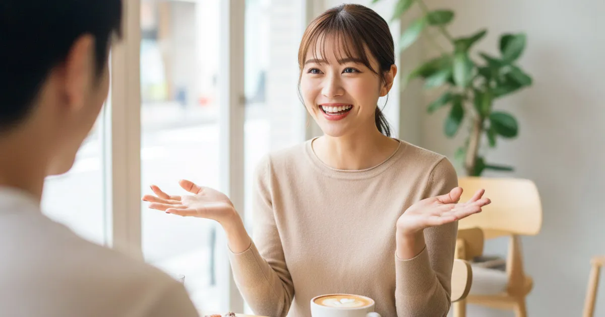 初対面のデートで緊張せず会話を楽しむ男女。リアクションと聞き方で会話が盛り上がる様子